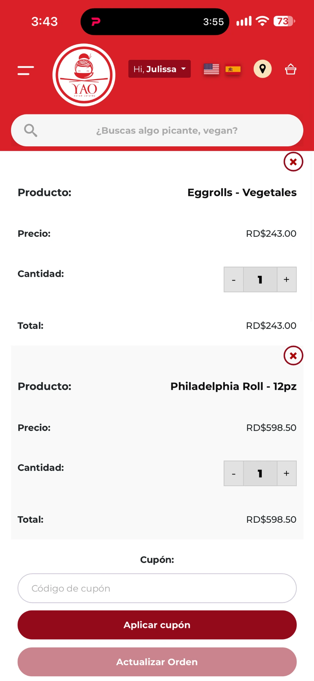 App móvil de YAO Asian Cuisine para iPhone y Android