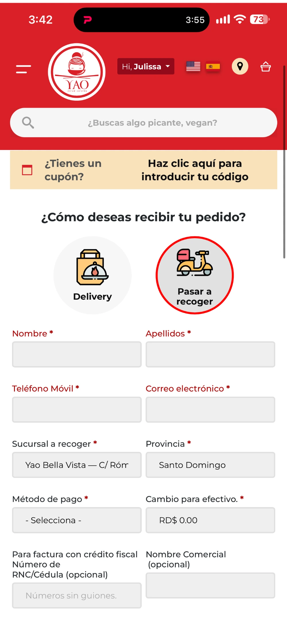 Selección de sucursal y pedido en la tienda online de YAO Asian Cuisine